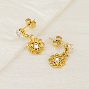 Detailed macro view of gold-plated sunflower earrings with sparkling zircon gemstones