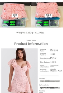 Pink lace fitted dress detail showing fabric composition and size weight specifications