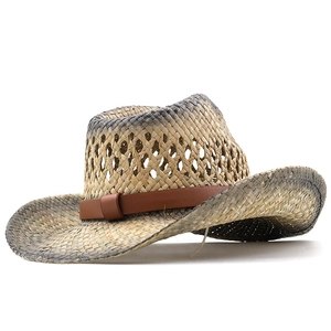 Western straw cowboy hat with vintage leather band and breathable hollow gradient weave