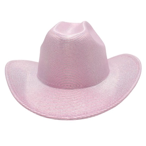 Detailed macro view of the shimmering pink cowboy hat with metallic glitter and woven texture