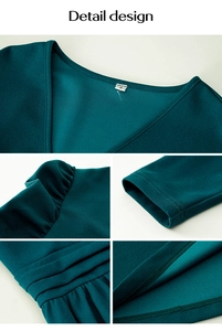 Detail design of deep cyan V-neck dress featuring puff sleeves and pleated waist texture