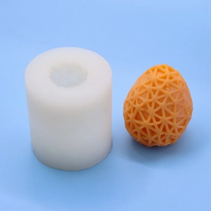 Cylindrical silicone mold for creating egg-shaped candles with geometric mesh patterns