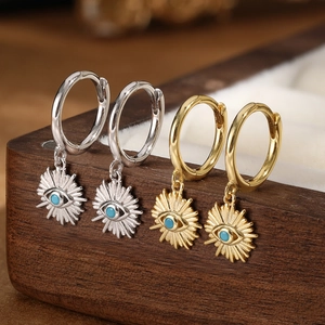Bohemian S925 sterling silver evil eye hoop earrings with sunburst and turquoise pendants