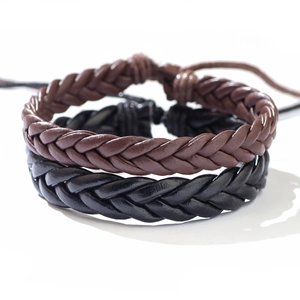Handmade braided leather bracelet set in black and brown with adjustable slide knot
