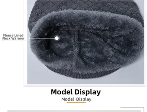Detailed close-up of dark grey knitted neck warmer with thick plush fleece lining