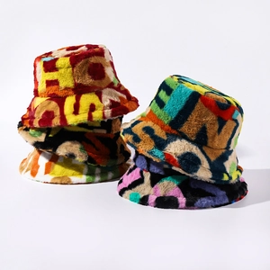 Faux Fur Bucket Hat For Women Men Colorful Letter Print Plush Color Block Streetwear Hip Hop Winter Warm Basin Hat