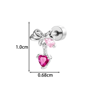 Silver bow earring with pink teardrop and rose heart gemstone pendant 1.0cm by 0.68cm