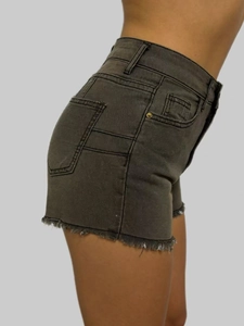 Slim fit high-waisted charcoal denim shorts with frayed hem and side pockets for women