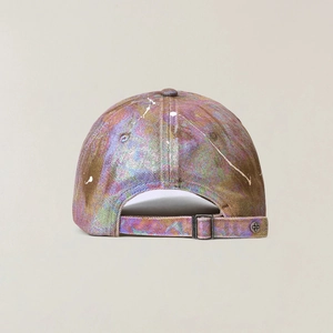 Detail of holographic baseball cap showing rear metal buckle and cross emblem