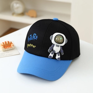 Close-up of kids baseball cap featuring 3D astronaut doll and Future Partner embroidery