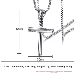 Detail of cross baseball bats pendant and pearl chain made of stainless steel