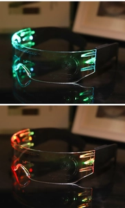 Macro shot showing multi-color LED glowing laser etched patterns on cyberpunk acrylic glasses