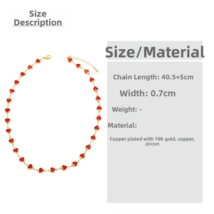 Detailed size specifications for heart zircon necklace in 18K gold plated copper