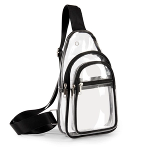 Detail view of transparent PVC crossbody chest bag with black trim and multi-pocket design