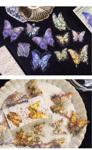 Macro detail of PET butterfly stickers with laser holographic finish for journaling