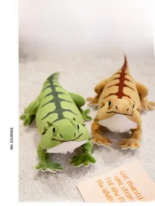 Close-up of plush bearded dragon toys in forest green and tan colors on a beige rug