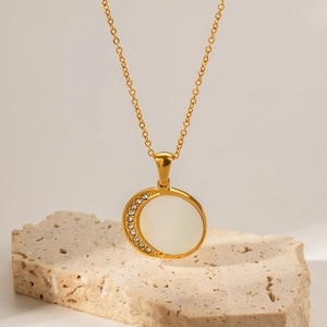 18K gold stainless steel necklace with sun and moon shell pendant and zircon stones
