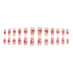 24pcs pink gradient press-on nails with cute rainbow cloud and red polka dots patterns