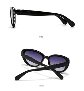 Detailed side and back views of black cat-eye sunglasses with rhinestone-embellished frames