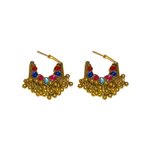 Bohemian hollow teardrop tassel earrings with colorful gemstones and golden bells