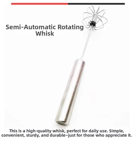 Detail of semi-automatic stainless steel whisk showing the rotating head and handle