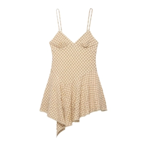 Mini robe à carreaux beige avec col en V et ourlet asymétrique à volants élégante
