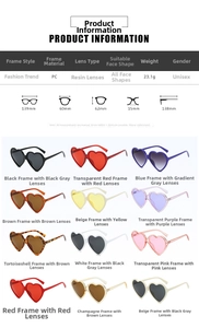 Detailed sizing chart and material specs for heart-shaped sunglasses with PC frames