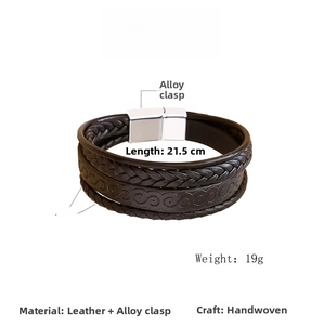 Infographic showing 21.5cm length and 2.5cm width of woven leather bracelet
