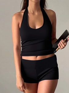 Women's black Y2K halter top and high waist shorts two-piece activewear set
