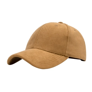 Classic solid brown faux suede baseball cap for men and women shown from a 45-degree angle