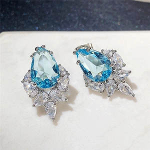 Exquisite light blue pear cut drop earrings with white zircon accents in S925 silver