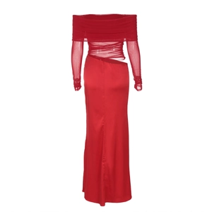 Detailed back view of red mesh off-shoulder dress with elegant cutout and satin skirt