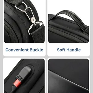 Black laptop backpack with USB port, reinforced handle, and metal buckle details