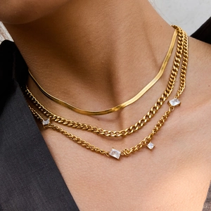 Stainless Steel Necklace 18K Gold Plated Cubic Zirconia Square Pendant Multi-layer Chain Jewelry For Women Waterproof