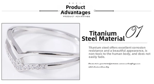 Detail of V-shaped titanium steel ring with double-layer zircon inlay design
