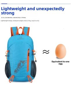 Lightweight sky blue outdoor backpack with orange zippers weighing only 0.21kg