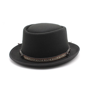 Vintage Wool Felt Pork Pie Hat With Ethnic Woven Band Leather Buckle Flat Top Boater Hat For Men And Women
