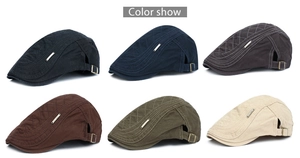 Detailed grid showing six colors of cotton beret hats with quilted patterns and side metal plate