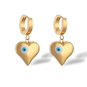 Gold heart drop earrings with blue evil eye motif in minimalist stainless steel style
