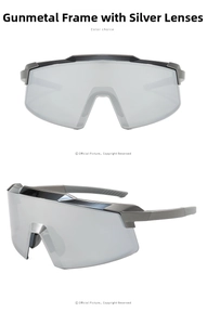 Detail showing gunmetal cycling sunglasses with silver mirrored lenses and anti-slip nose pads
