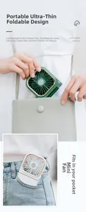 Slim portable folding fan showing compact storage in a bag and denim pocket