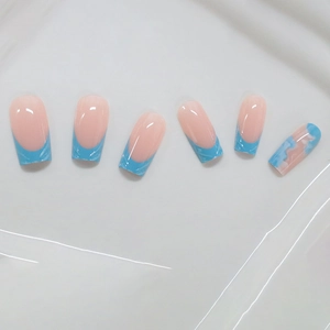 Classic light blue French press-on nails with 3D marble texture and glossy finish