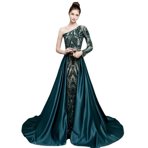 Elegant dark green one-shoulder evening gown with sequined embroidery and satin mermaid skirt