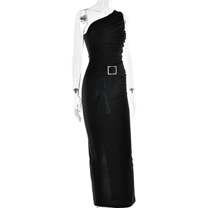 Detail of the elegant black one-shoulder dress featuring side ruching and a shiny waist buckle