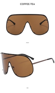 Front and side view of coffee-tea oversized shield sunglasses with slim metal temples