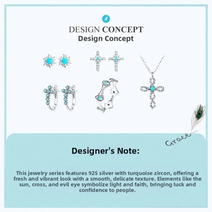 Detail of S925 silver jewelry set featuring turquoise evil eye and cross pendants