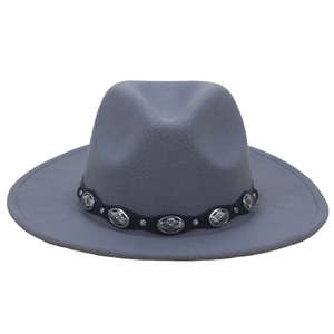 Classic grey felt fedora hat with black belt band and vintage silver metal studs decoration