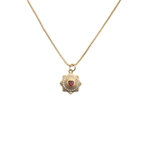 Gold-plated Evil Eye necklace with red heart-shaped gemstone and starburst design