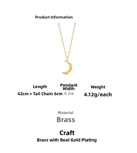 Detail specifications of 42cm gold crescent moon necklace showing brass material and size