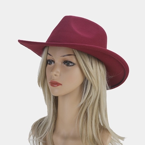 Detail of wine red wool fedora hat with classic wide brim on a female mannequin head